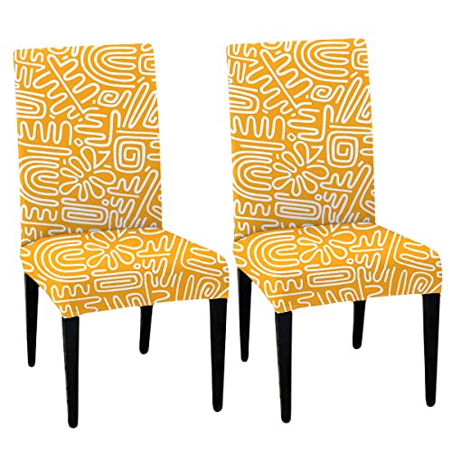 HOTKEI (Pack of 2 Yellow Printed Dining Table Chair Cover Stretchable Slipcover Seat Protector Removable 1pc Polycotton Dining Chairs Covers for Home Hotel Dining Table Chairs