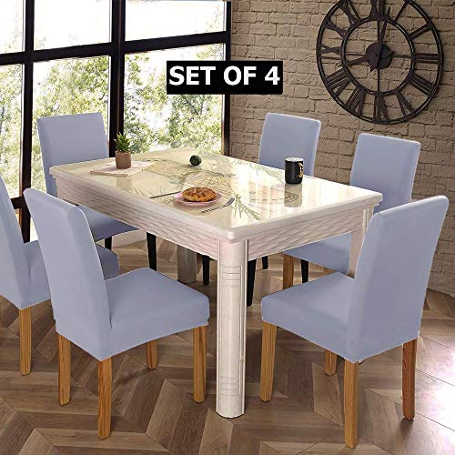 HOTKEI (Pack of 4 Light Gray Color Elastic Stretchable Dining Table Chair Seat Cover Protector Slipcover for Dining Table Chair Covers Stretchable 1 Piece Pack of 4 Seater