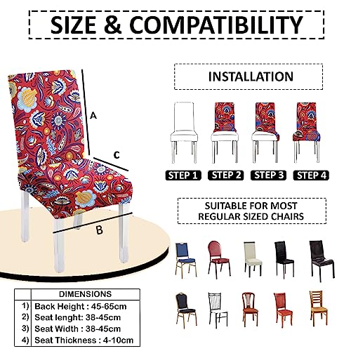 HOTKEI (Pack of 4 Red Floral Print Elastic Stretchable Dining Table Chair Seat Cover Protector Slipcover for Dining Table Chair Covers Stretchable 1 Piece Set of 4 Seater