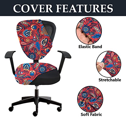 HOTKEI Red Floral Printed 2 Piece Office Chair Cover Pack of 1 Stretchable Elastic Polyester Blend Removable Washable Office Computer Desk Executive Rotating Chair Seat Covers Slipcover Protector