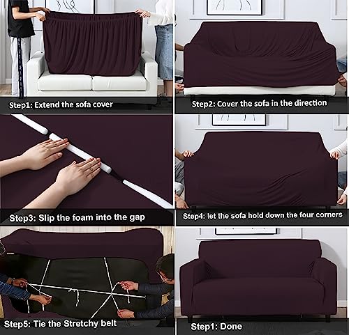 HOTKEI 3 Seater Wine Polycotton Big Universal Non-Slip Elastic Stretchable Sofa Set Cover Protector for 3 Seater Sofa seat Stretchable Cloth Full Covers