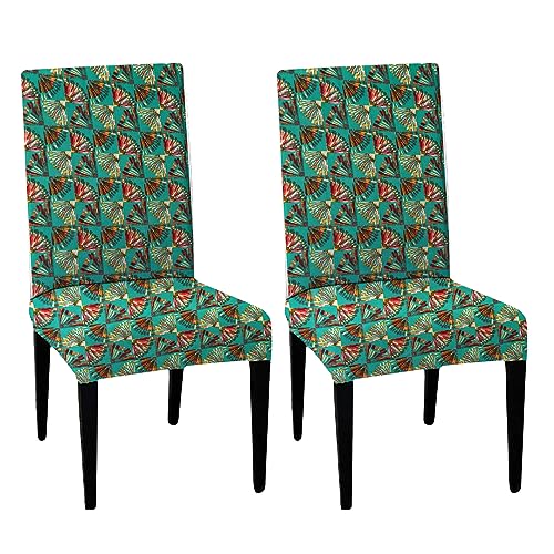 HOTKEI Pack of 2 Green Printed Dining Table Chair Cover Stretchable Slipcover Seat Protector Removable 1pc Polycotton Dining Chairs Covers for Home Hotel Dining Table Chairs