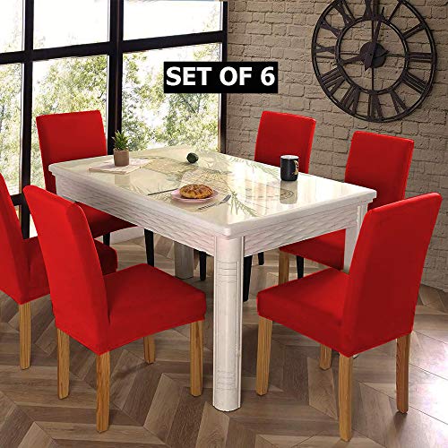 HOTKEI Pack of 6 Red Elastic Stretchable Dining Table Chair Seat Cover Protector Slipcover for Dining Table Chair Covers Stretchable 1 Piece Pack of 6 Seater, Polyester Blend