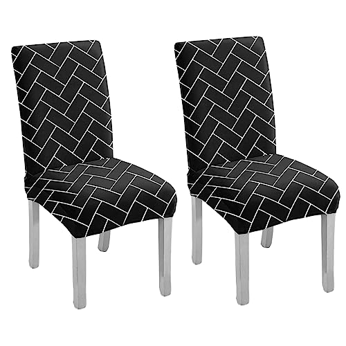 HOTKEI Pack of 2 Black Brick Print Elastic Stretchable Dining Table Chair Cover Seat Cover Protector Slipcover for Dining Table Chair Covers Stretchable 1 Piece Set of 2 Seater