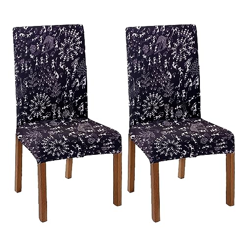 HOTKEI Pack of 2 Warli Print Dining Table Chair Cover Stretchable Slipcover Seat Protector Removable 1pc Polycotton Dining Chairs Covers for Home Hotel Dining Table Chairs