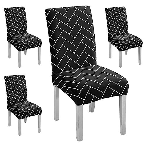 HOTKEI Pack of 4 Black Brick Print Elastic Stretchable Dining Table Chair Cover Seat Cover Protector Slipcover for Dining Table Chair Covers Stretchable 1 Piece Set of 4 Seater