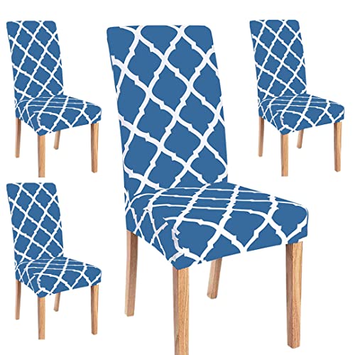 HOTKEI Pack of 4 Blue Diamond Print Elastic Stretchable Dining Table Chair Seat Cover Protector Slipcover for Dining Table Chair Covers Stretchable 1 Piece Pack of 4 Seater, Polyester