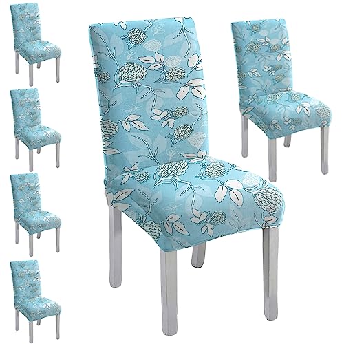 HOTKEI Set of 6 Blue Flower Printed Dining Table Chair Cover Stretchable Slipcover Seat Protector Removable 1pc Polycotton Dining Chairs Covers for Home Hotel Dining Table Chairs