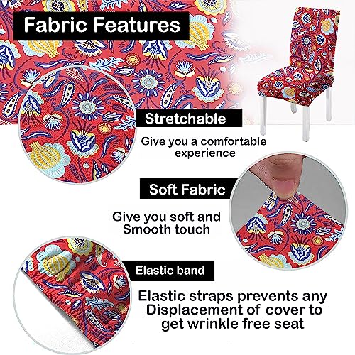 HOTKEI (Pack of 4 Red Floral Print Elastic Stretchable Dining Table Chair Seat Cover Protector Slipcover for Dining Table Chair Covers Stretchable 1 Piece Set of 4 Seater