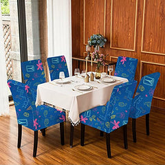HOTKEI Pack of 4 Blue Printed Dining Table Chair Cover Stretchable Slipcover Seat Protector Removable 1pc Polycotton Dining Chairs Covers for Home Hotel Dining Table Chairs